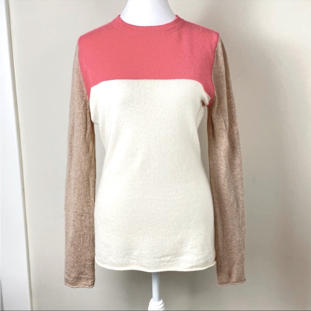 Garnet Hill Colorblock Cashmere Sweater SizeS Coral / Ivory  / Light Briwn